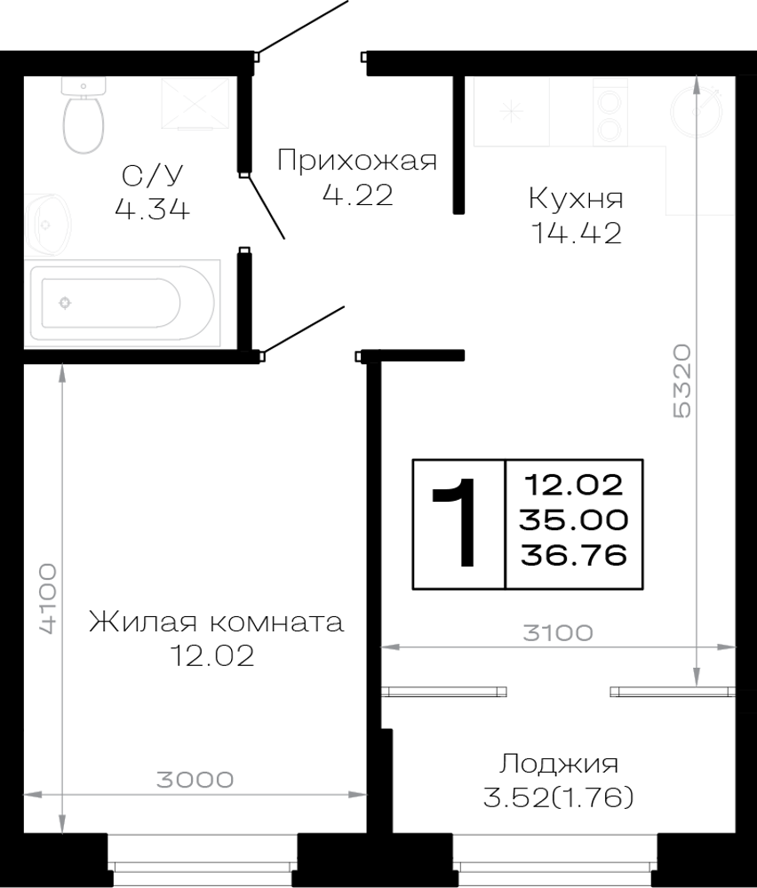 1-комнатная квартира 36,76 м²